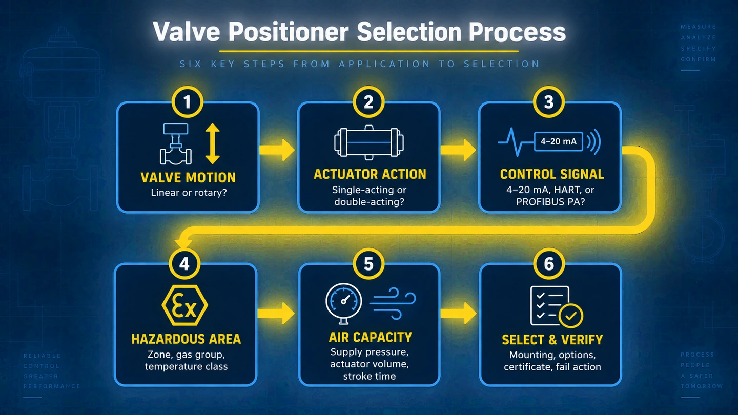 Six-step pneumatic valve positioner selection process