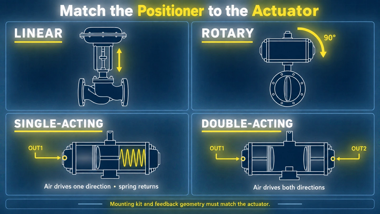 Linear rotary single-acting and double-acting valve positioner selection