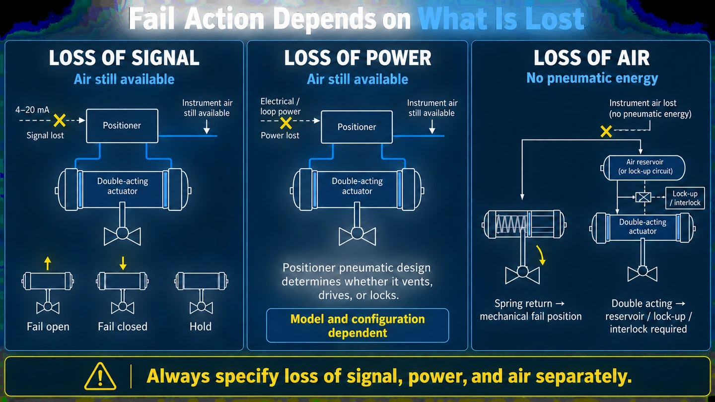 Valve positioner fail action during loss of signal power or air supply